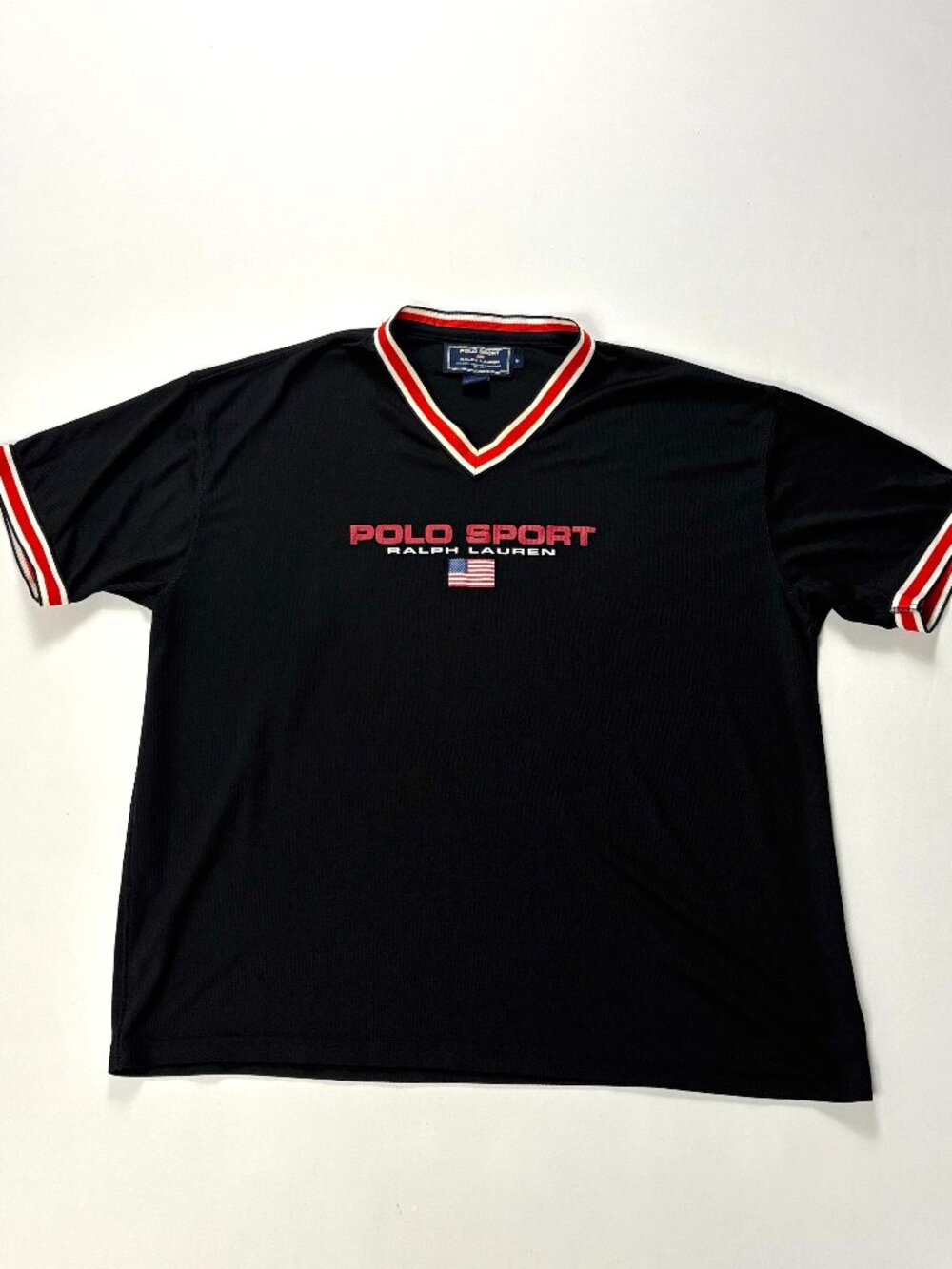 Vintage Polo Sport Ralph Lauren Mens V Neck Shirt Black Sz M Red Stripe Flag
